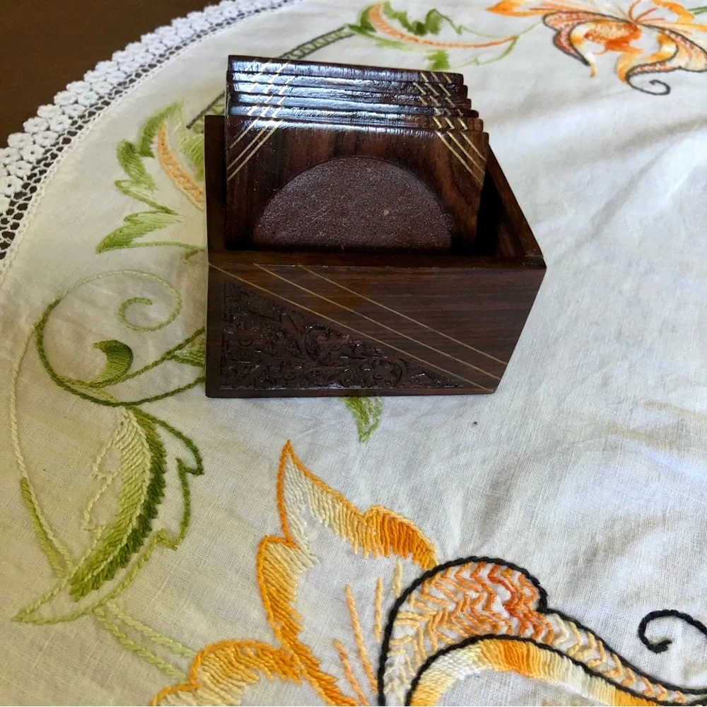 Vintage Rosewood Box with Set of Six Coasters. Brass Inlay and Floral Carving